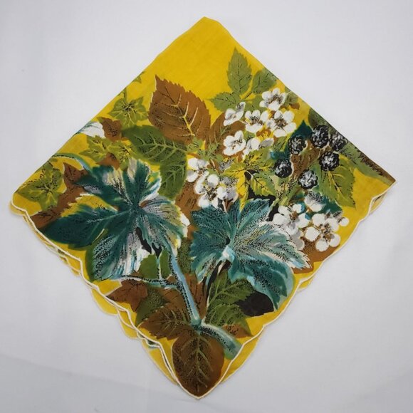 Vintage Floral Handkerchief With Yellow & Green Botanical Print Scalloped Edge - Picture 2 of 8